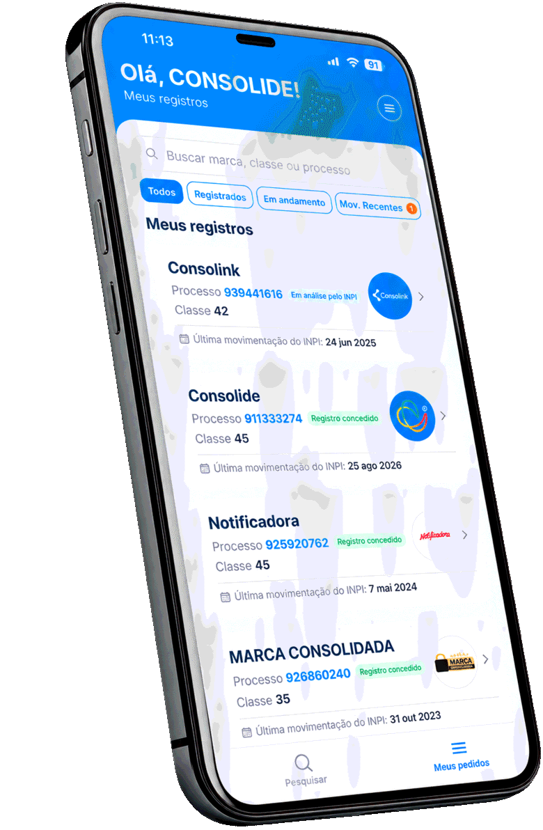 App Consolide mostrando seus registros de marca